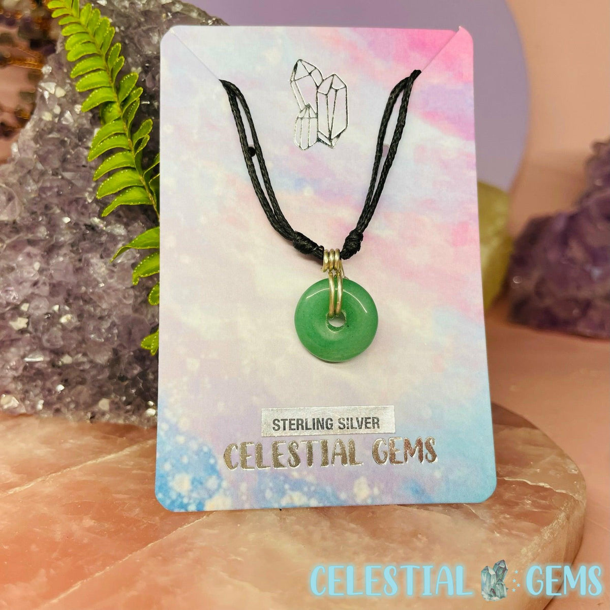 Green Aventurine Donut 925 Silver Pendant on Adjustable Rope Cord (Handmade)
