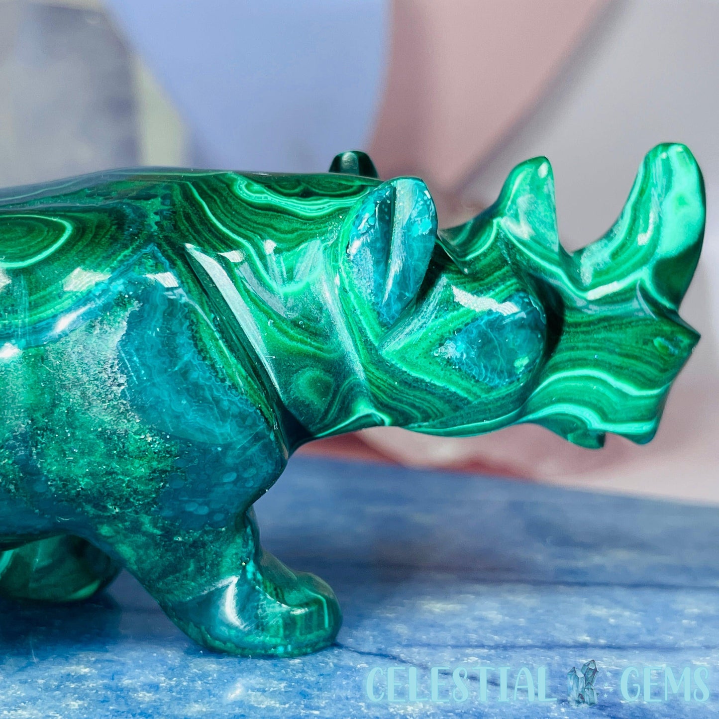 High Grade Malachite Rhinoceros Medium Carving (Gem Silica Inclusions!) B