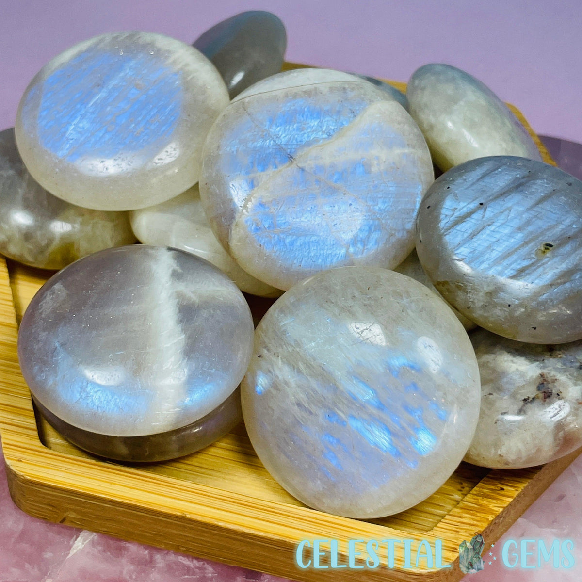 Belomorite Moonstone Circle Pocket Stone (Super Flashy!)