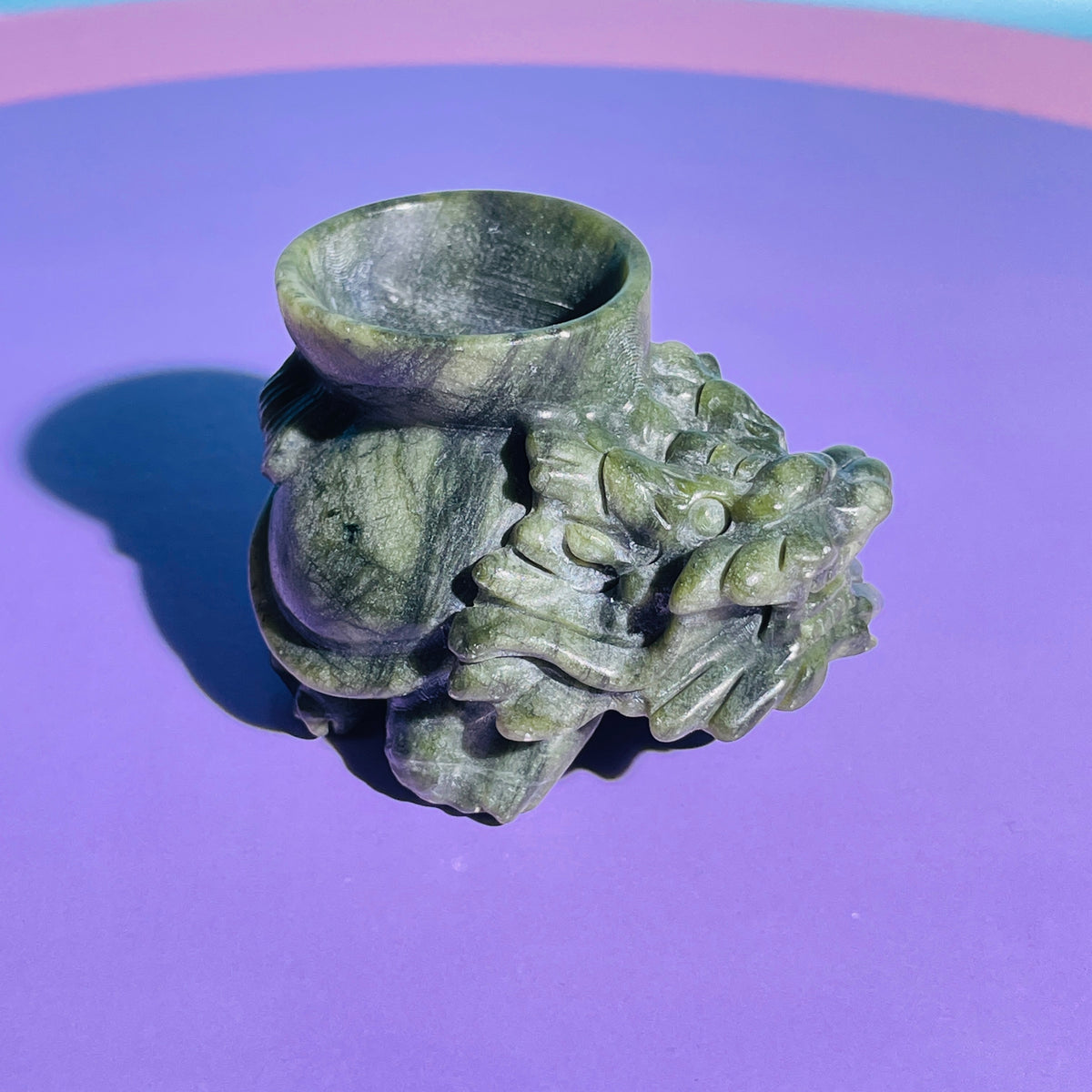 Green Jade 'Pixiu' Dragon with Offering Bowl Medium Carving