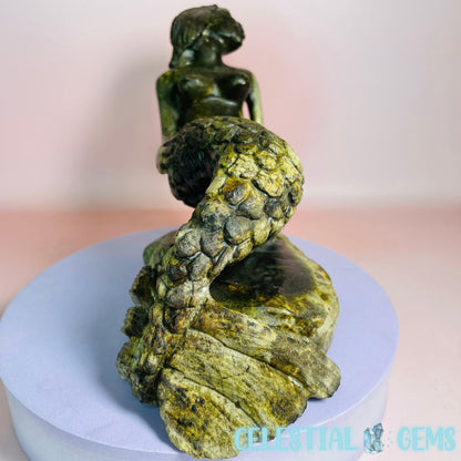 Serpentine Mermaid on a Rock Large Carving
