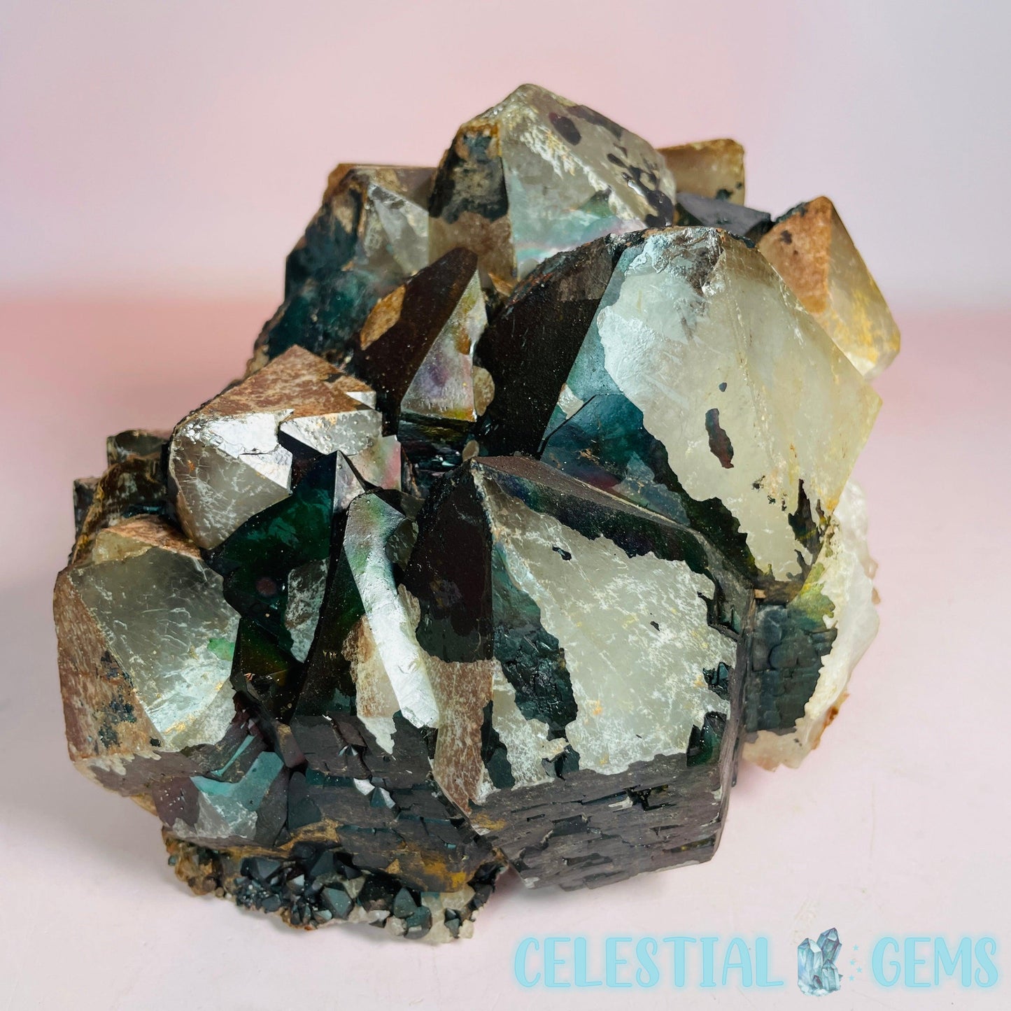 Goethite-Coated Elestial Quartz XL Cluster (Rainbow Iridescence!)