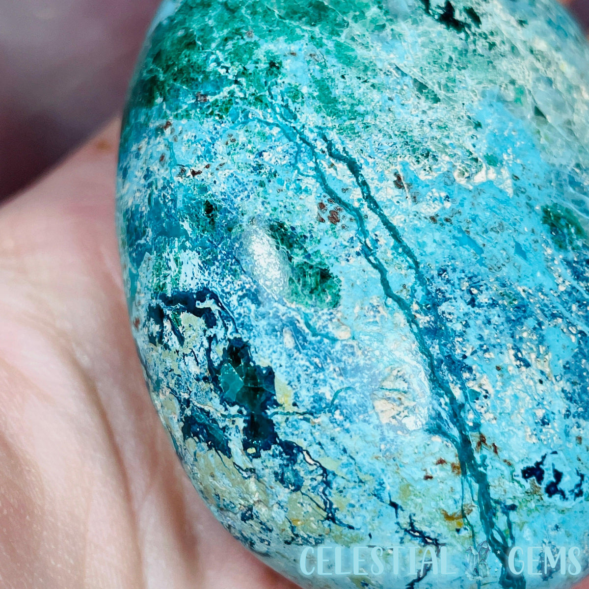 Chrysocolla, Shattuckite, Malachite + Dioptase Palmstone