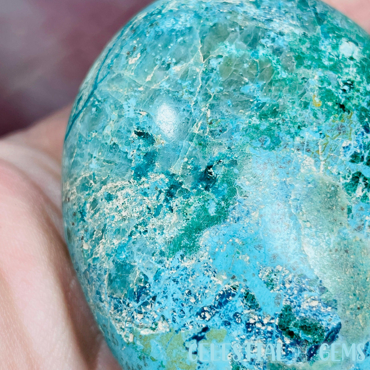 Chrysocolla, Shattuckite, Malachite + Dioptase Palmstone