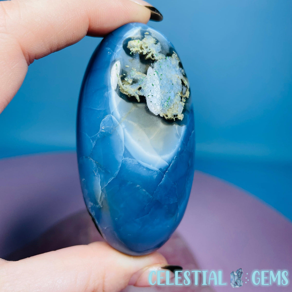 Owhyee Blue Opal with Moss Agate Oval Shiva Lingam Stone