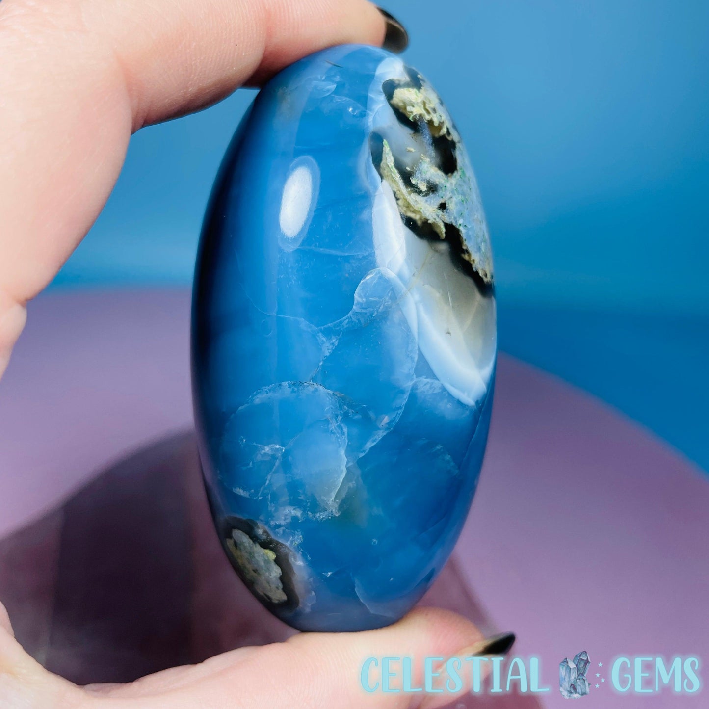 Owhyee Blue Opal with Moss Agate Oval Shiva Lingam Stone