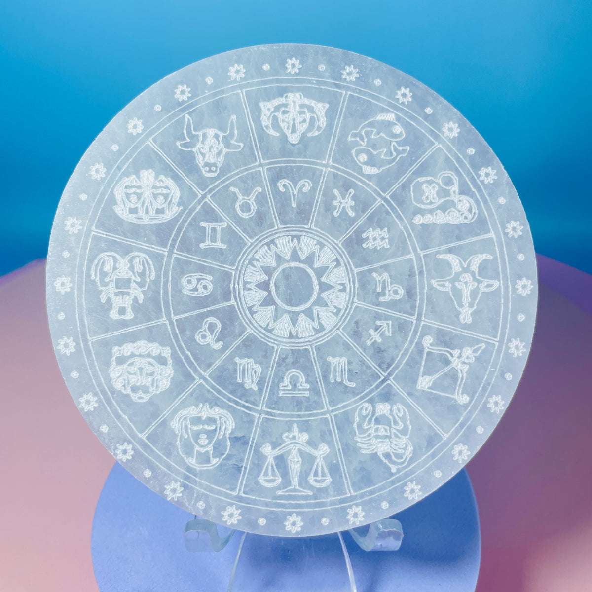 Selenite (Satin Spar) Etched 12 Zodiac Round Cleansing Plate 10cm