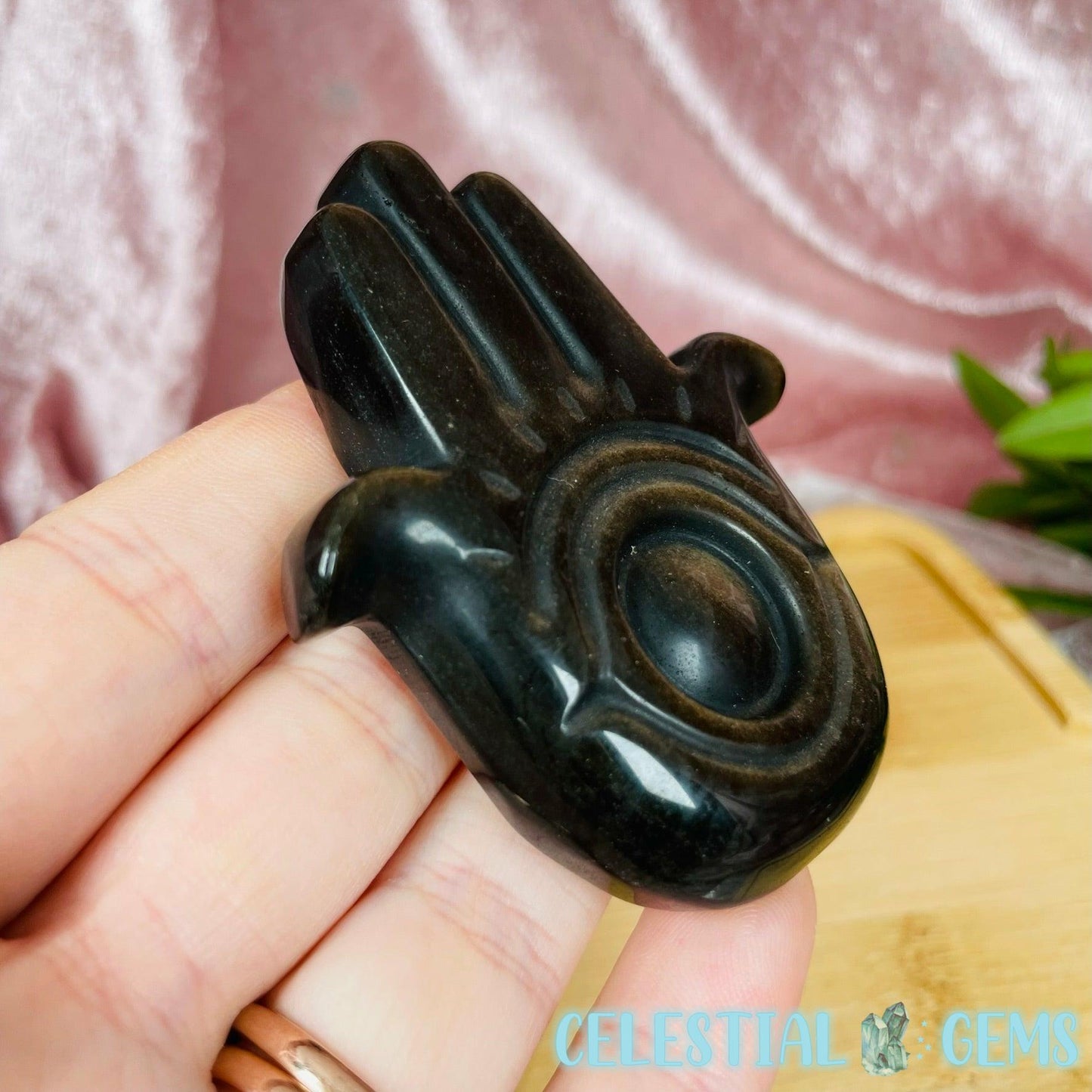 Golden Sheen Obsidian Hamsa Hand/Turkish Evil Eye Medium Carving