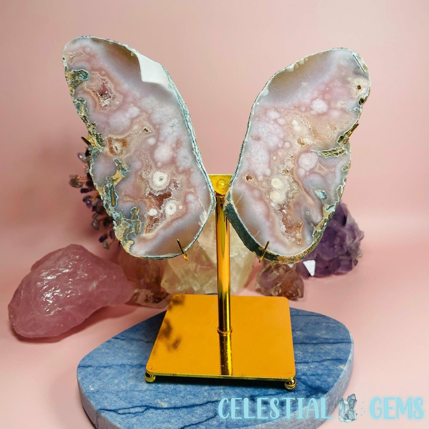 Pink Amethyst Slab Butterfly Wings on Metal Stand