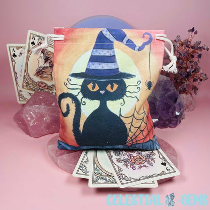 Halloween Cat-in-a-Hat Tarot Drawstring Bag