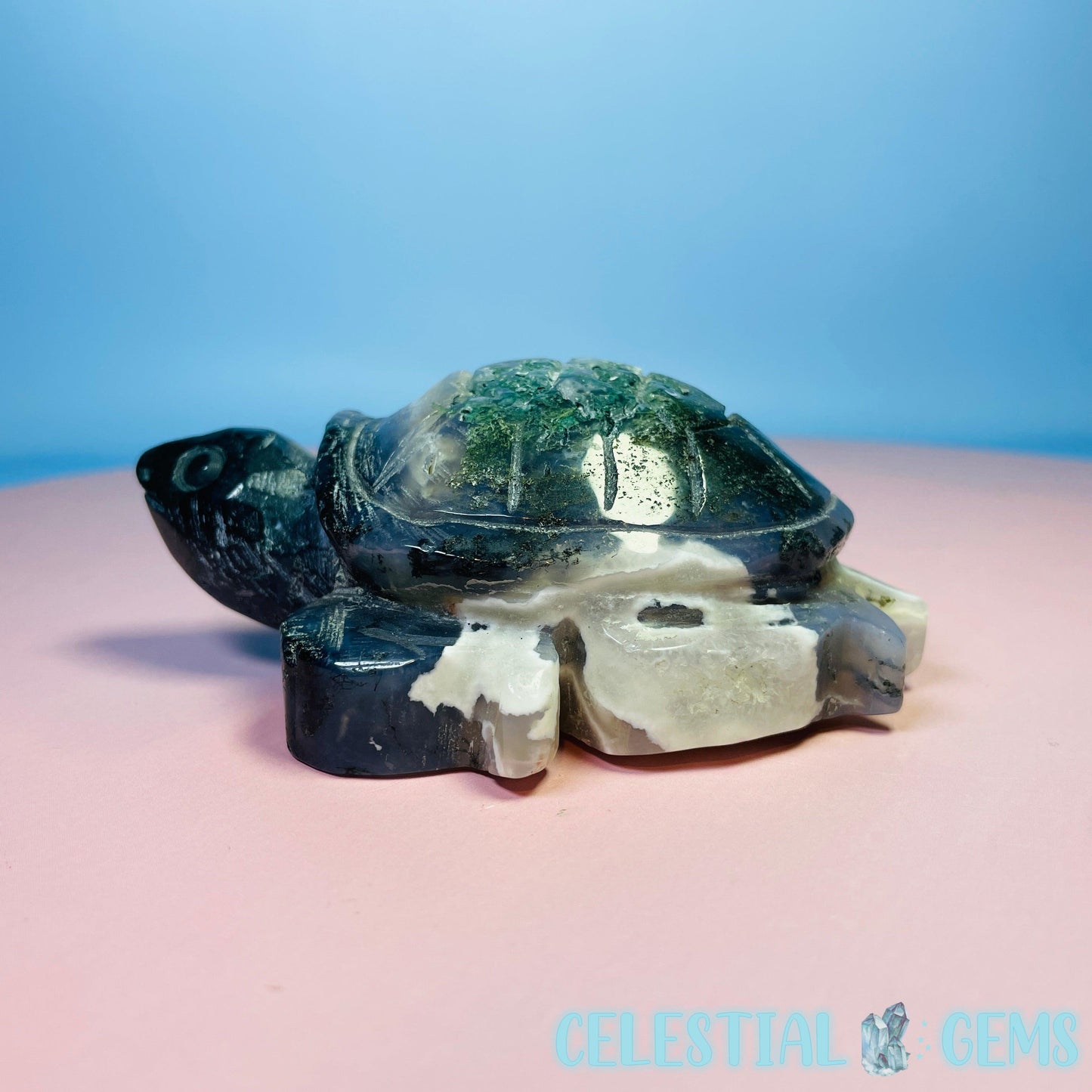 Moss Agate Turtle Medium Carving