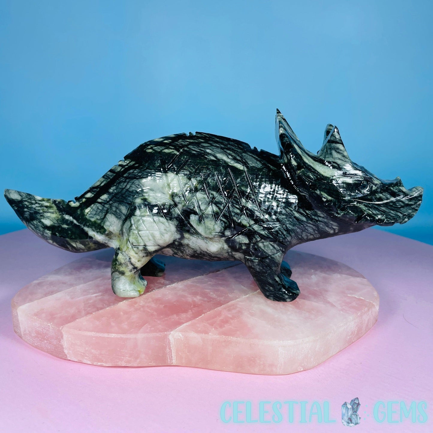 Dark Green Jade Triceratops Dinosaur Large Carving