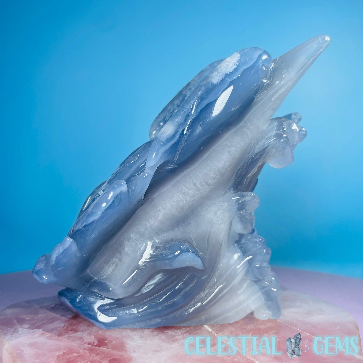 Blue Agate + Amethyst Triple Dolphin Large Carving