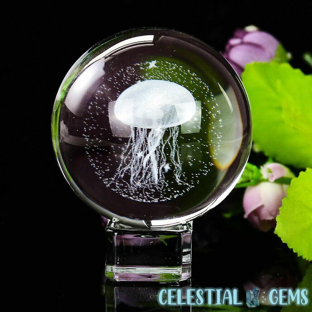 3D Glass Laser Engraved Medium Sphere / Ball / Paperweight 6cm - Jellyfish