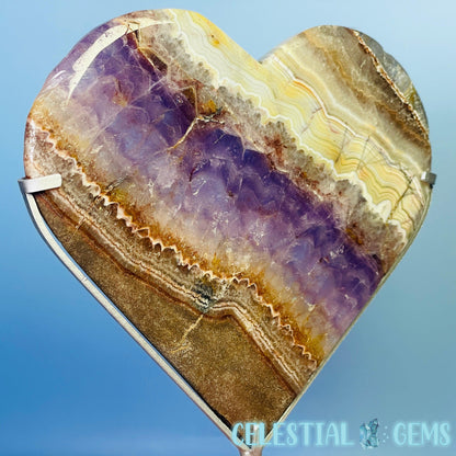 Amethyst + Mexican Crazy Lace Agate Heart Flat Large Carving on Metal Stand