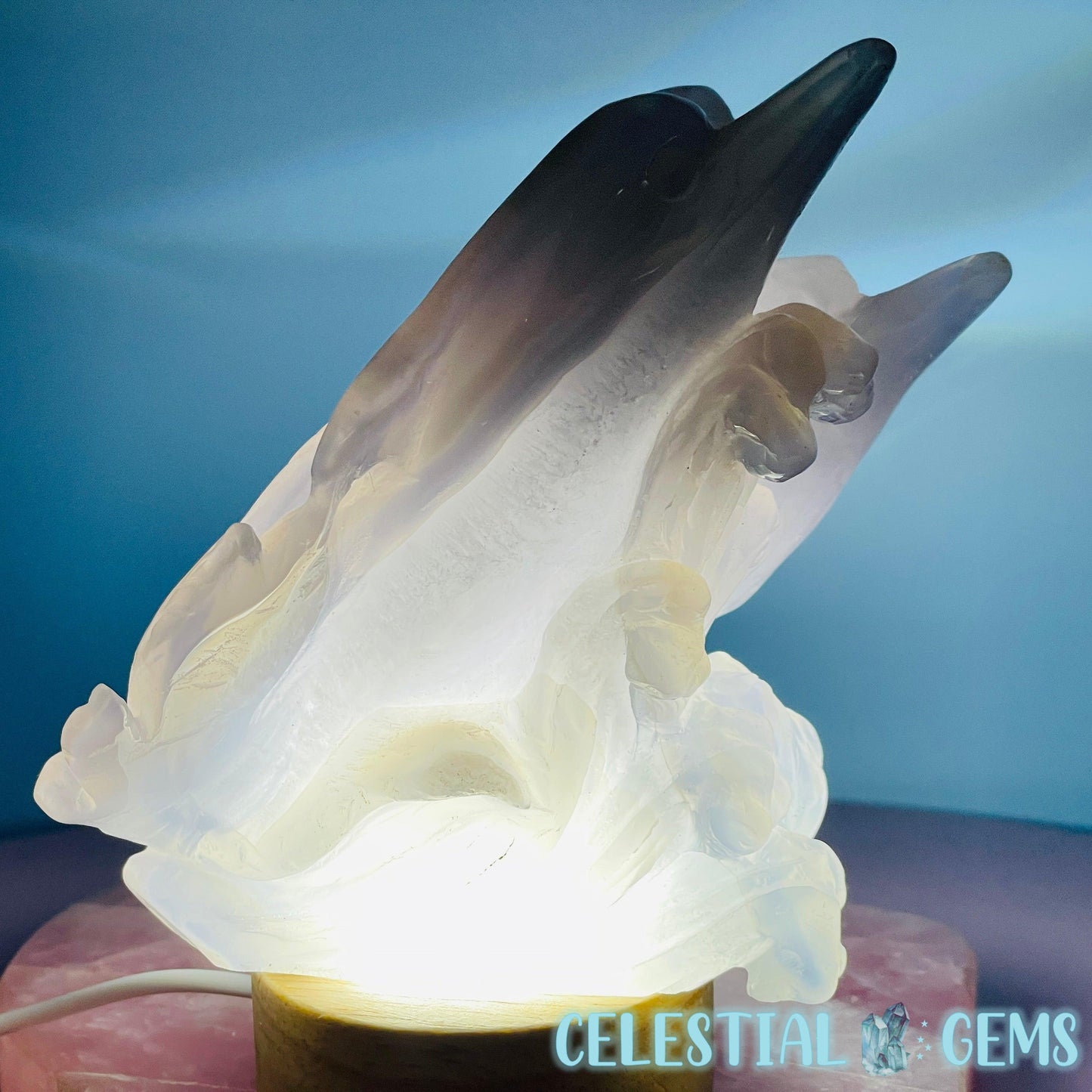 Blue Agate + Amethyst Triple Dolphin Large Carving