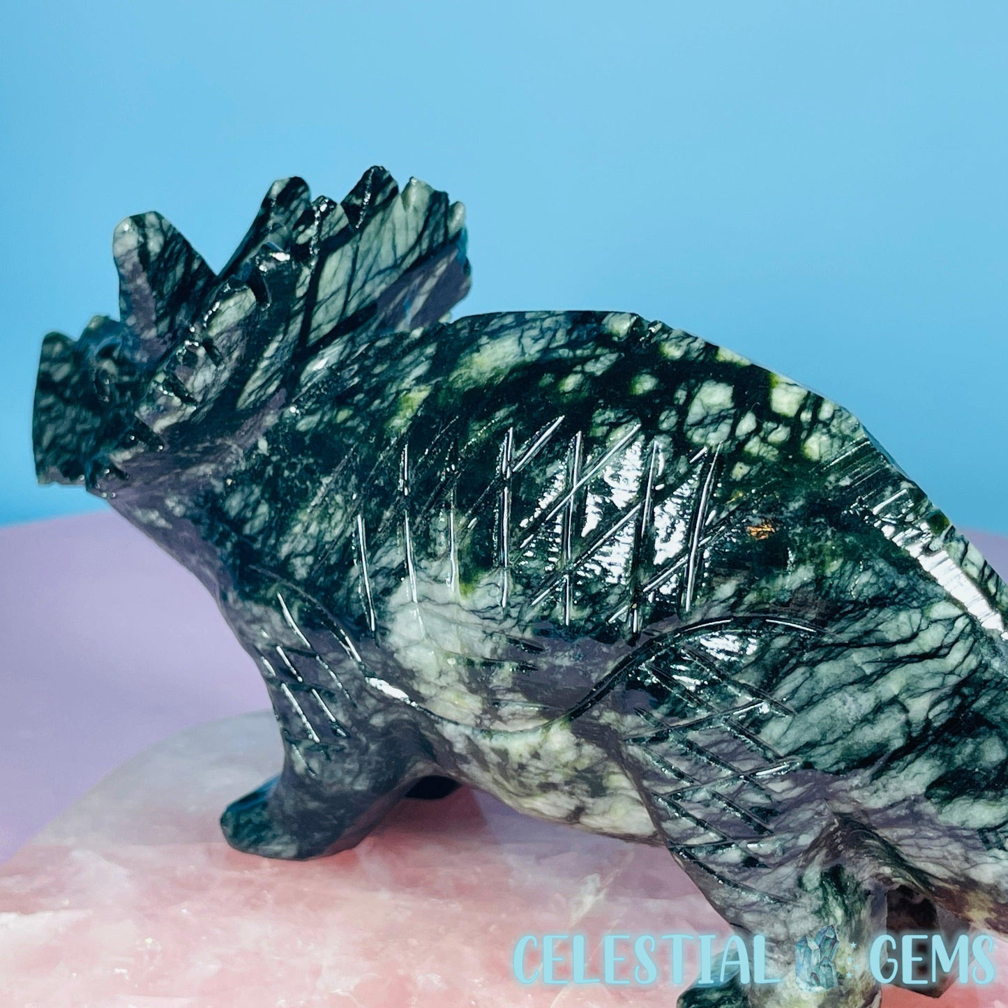 Dark Green Jade Triceratops Dinosaur Large Carving