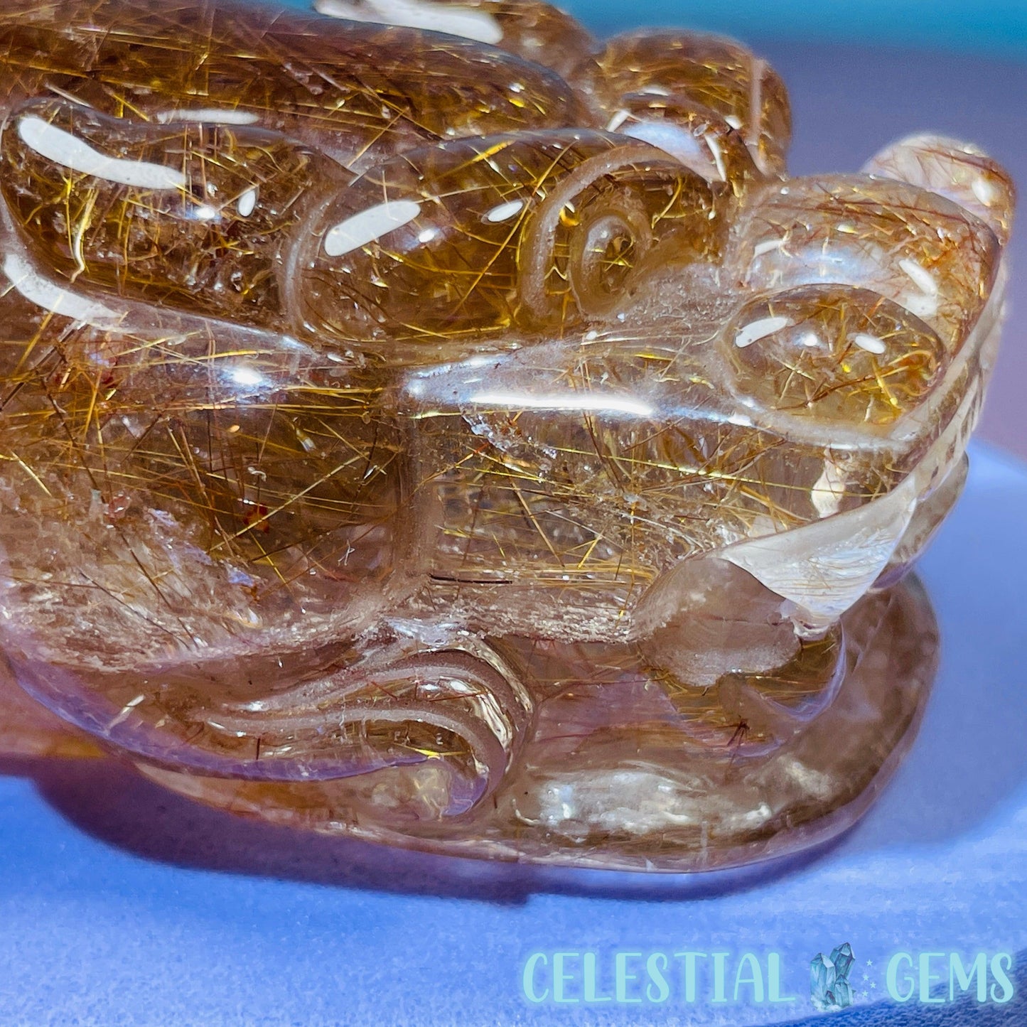 AAA Grade Red + Gold Rutilated Quartz 'Pixiu' Dragon Frog Medium Carving (Video)