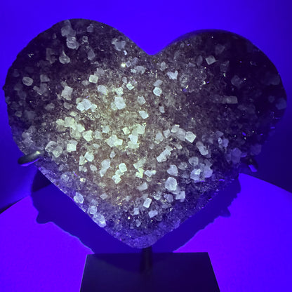 Amethyst Cluster Heart Medium Carving with Calcite on Metal Stand (Video)