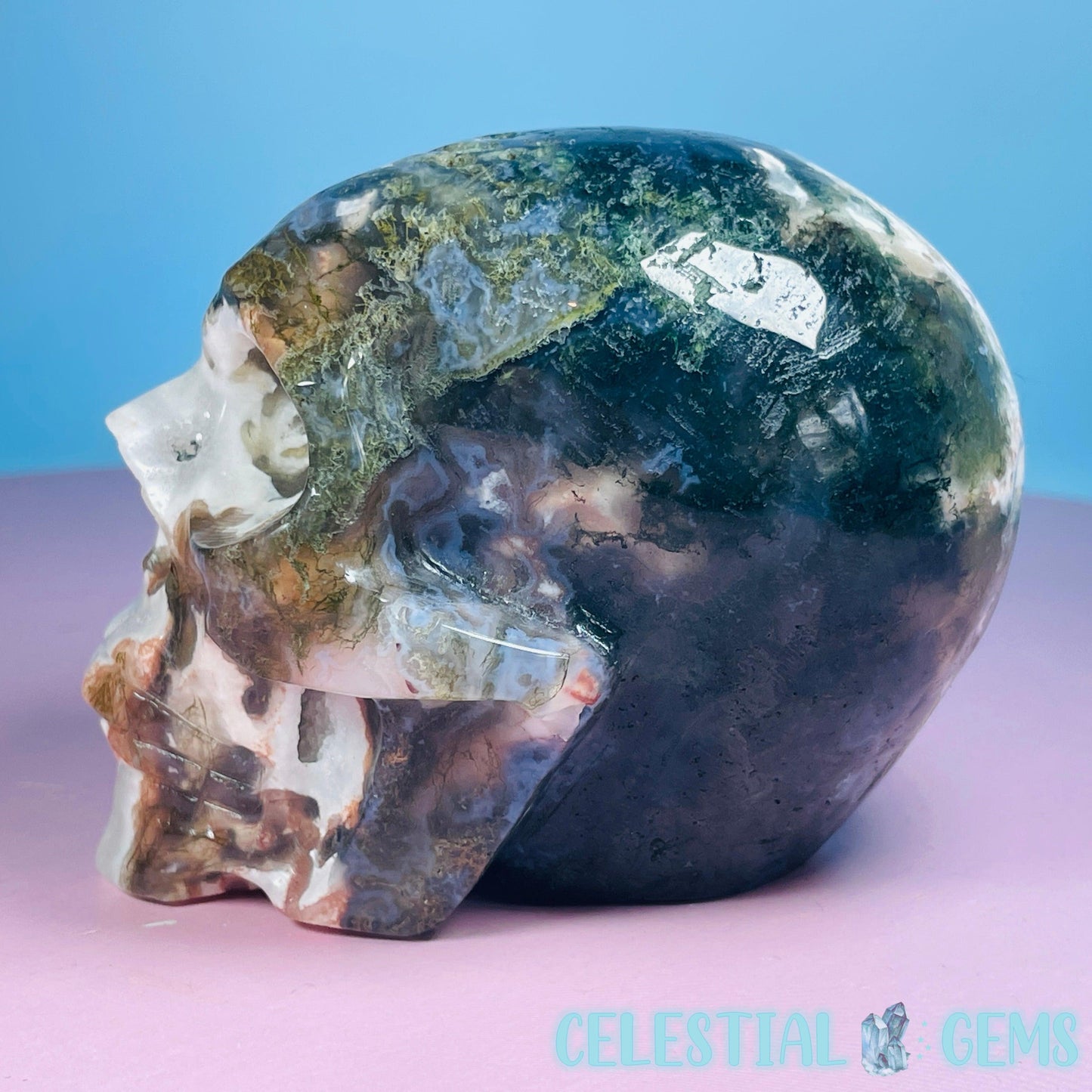 Moss Agate Skull Medium Carving