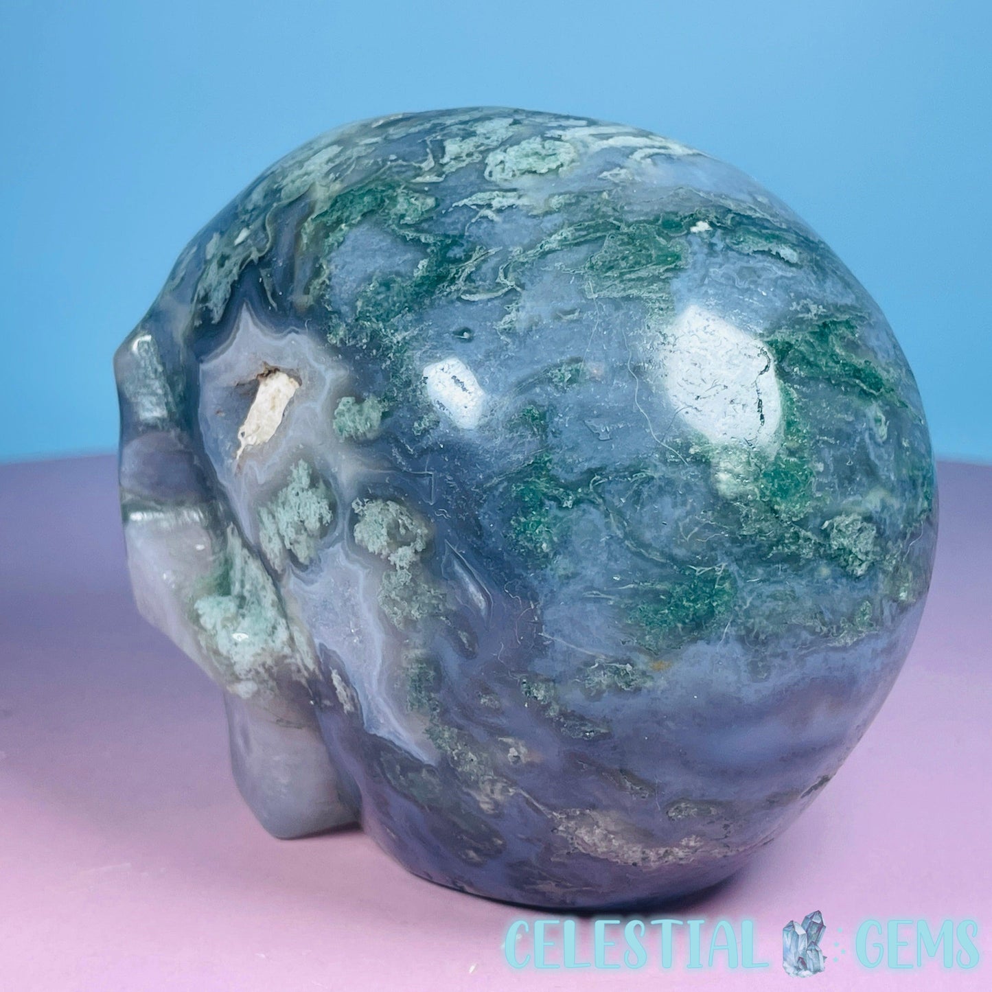 Moss Agate Skull Medium Carving