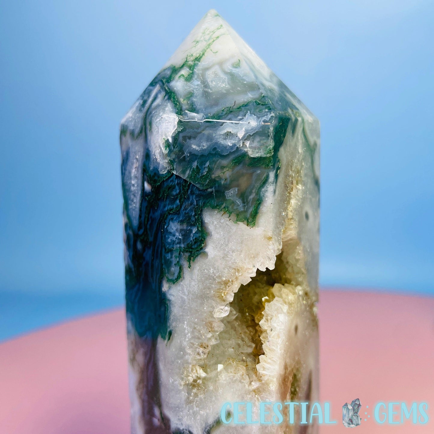 Druzy Moss Agate Medium Chunky Tower