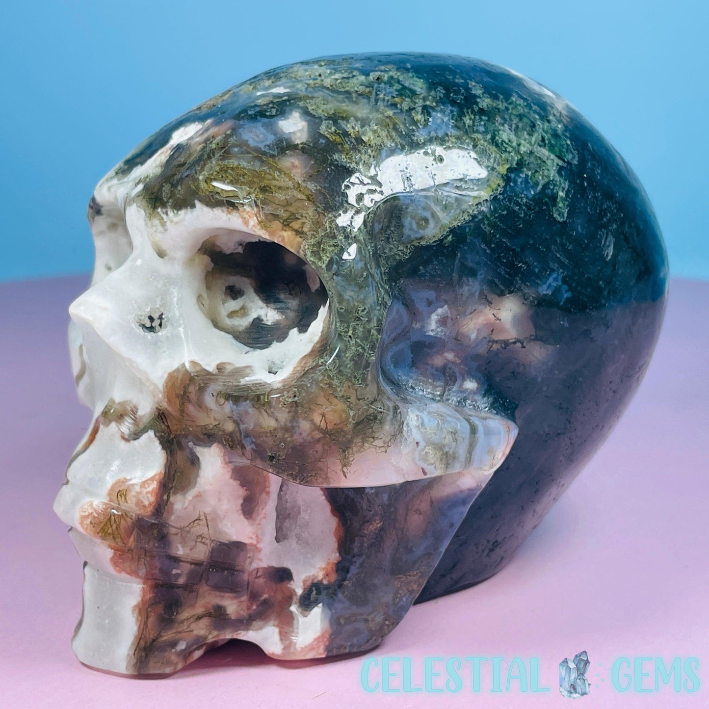 Moss Agate Skull Medium Carving