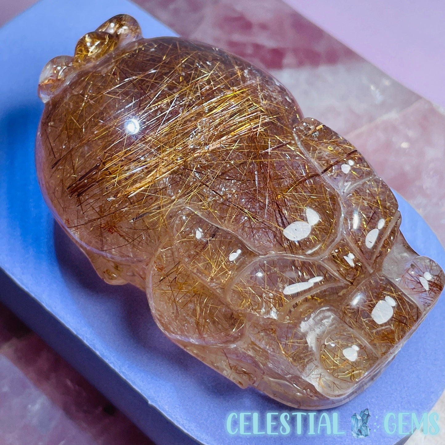 AAA Grade Red + Gold Rutilated Quartz 'Pixiu' Dragon Frog Medium Carving (Video)