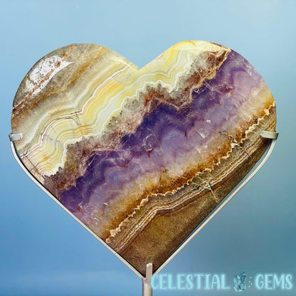 Amethyst + Mexican Crazy Lace Agate Heart Flat Large Carving on Metal Stand