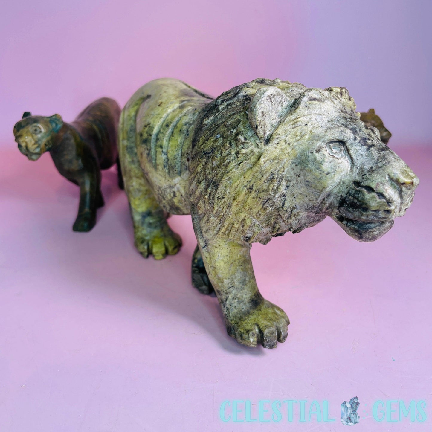 Serpentine + Verdite Lion Pride Large Carving (Set of 3)