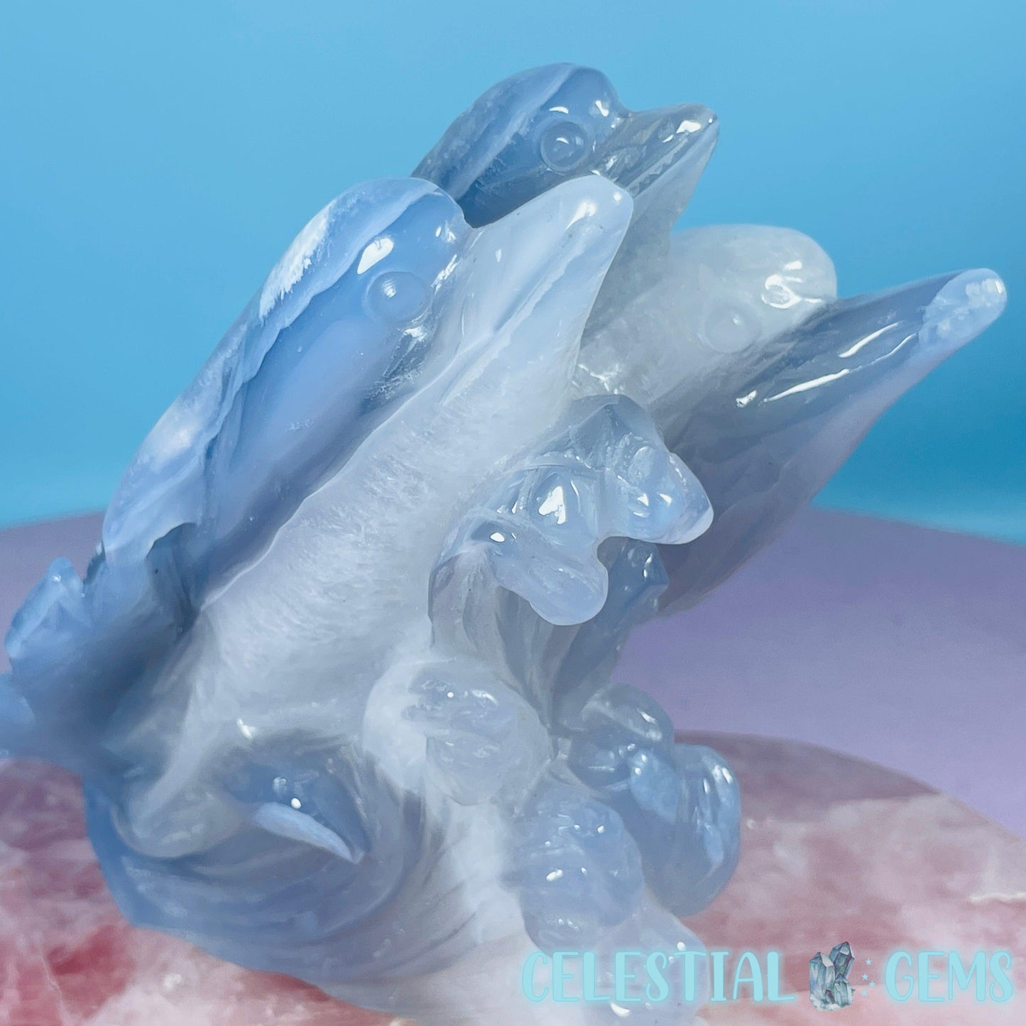 Blue Agate + Amethyst Triple Dolphin Large Carving