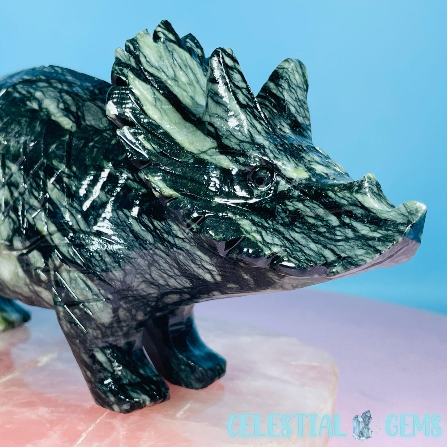 Dark Green Jade Triceratops Dinosaur Large Carving