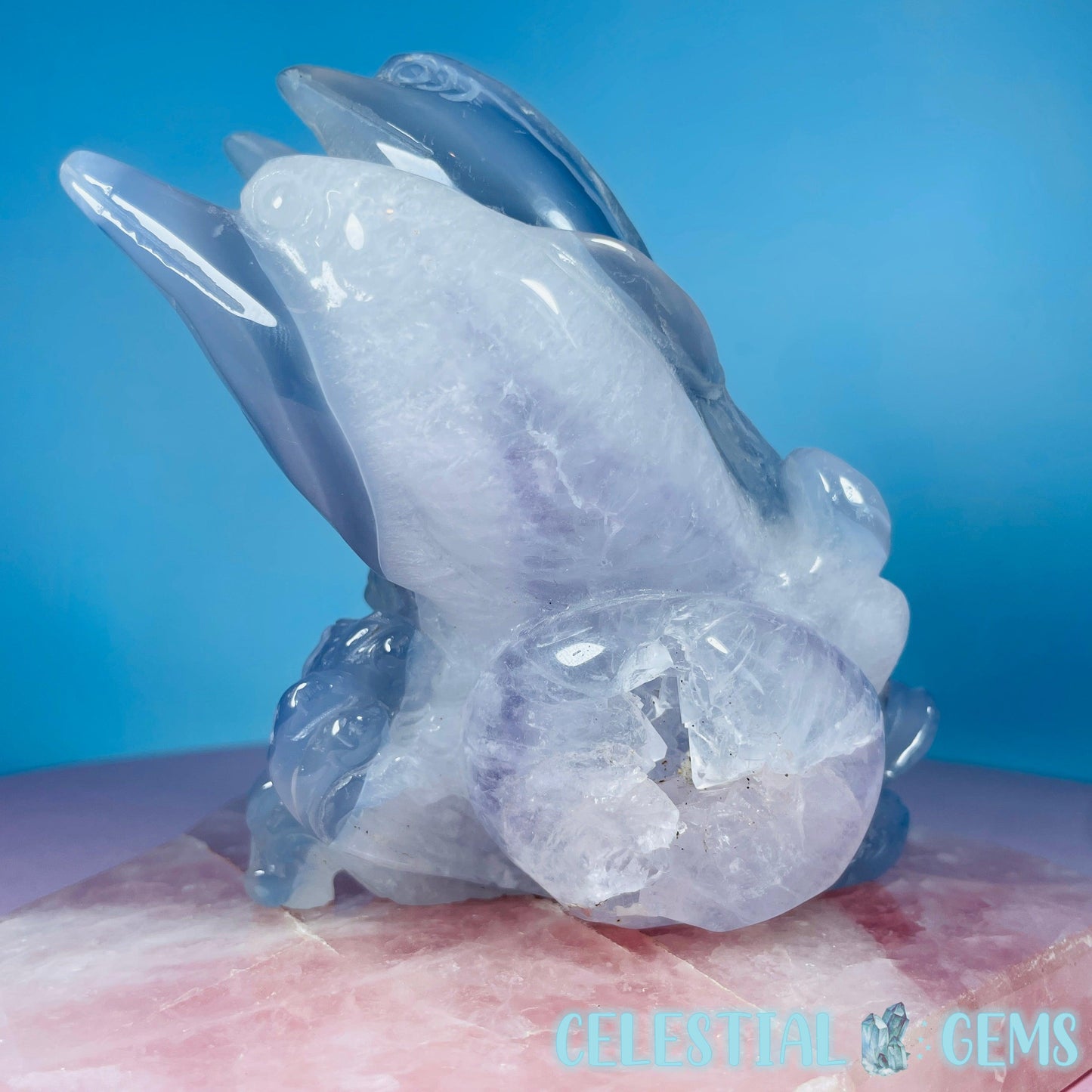 Blue Agate + Amethyst Triple Dolphin Large Carving