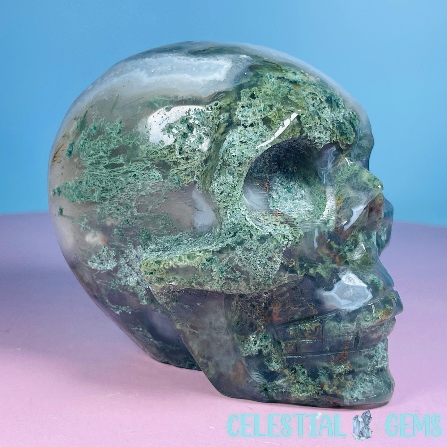 Moss Agate Skull Medium Carving