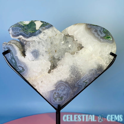 Druzy Moss Agate Heart Medium Chunky Carving on Metal Stand