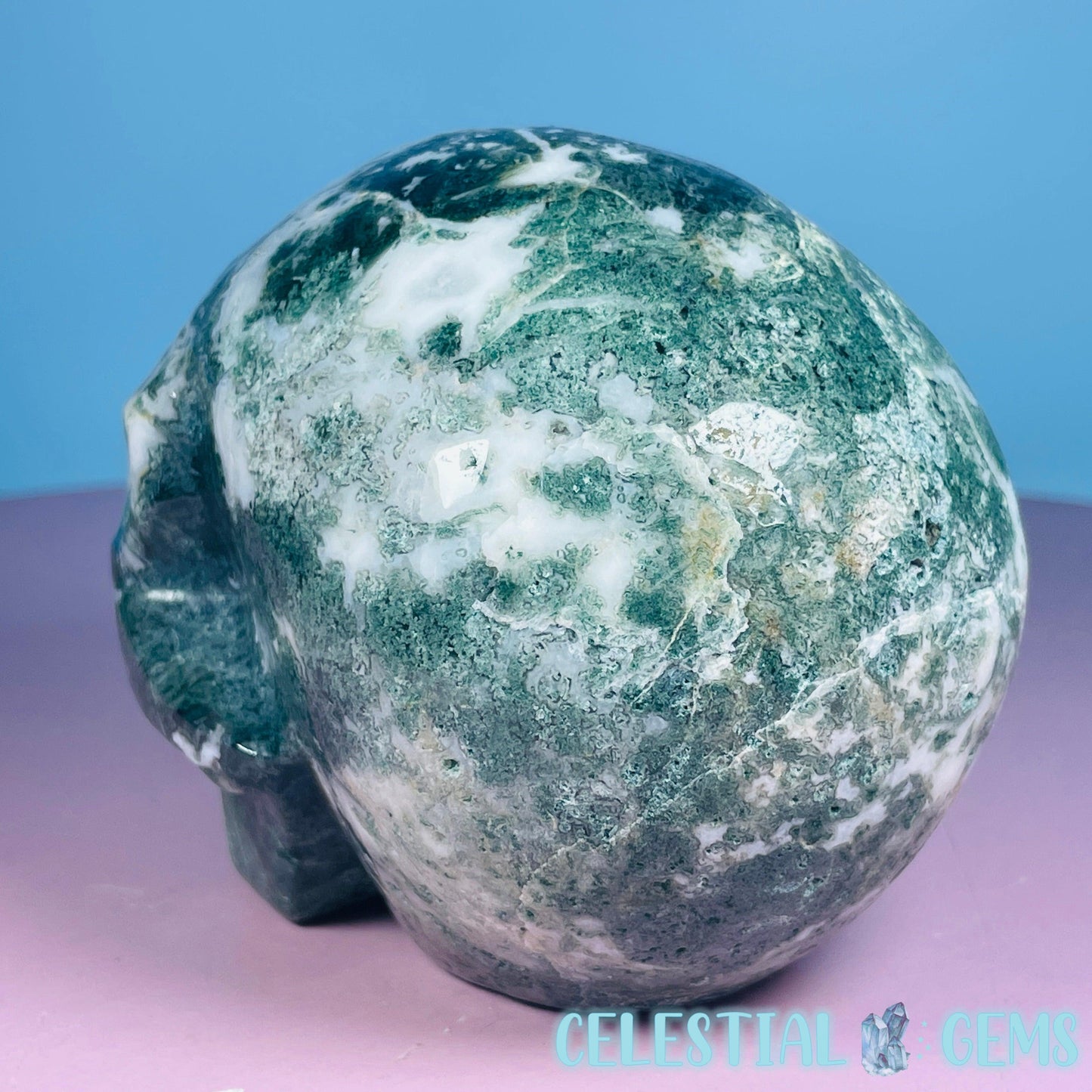 Moss Agate Skull Medium Carving