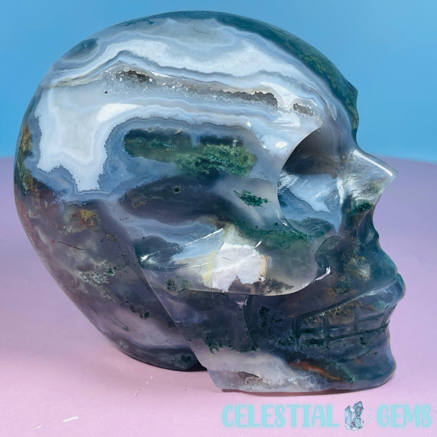 Moss Agate Skull Medium Carving