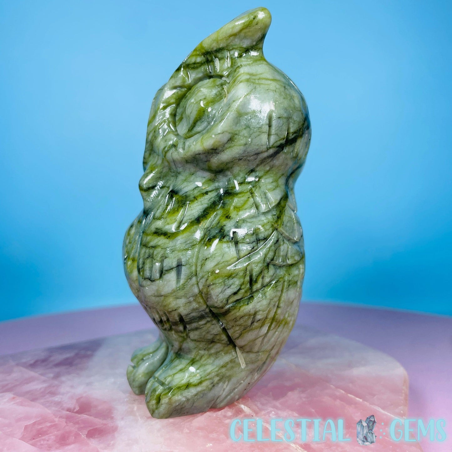 Green Jade Owl Bird Medium Carving