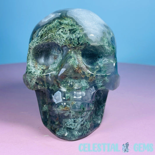 Moss Agate Skull Medium Carving