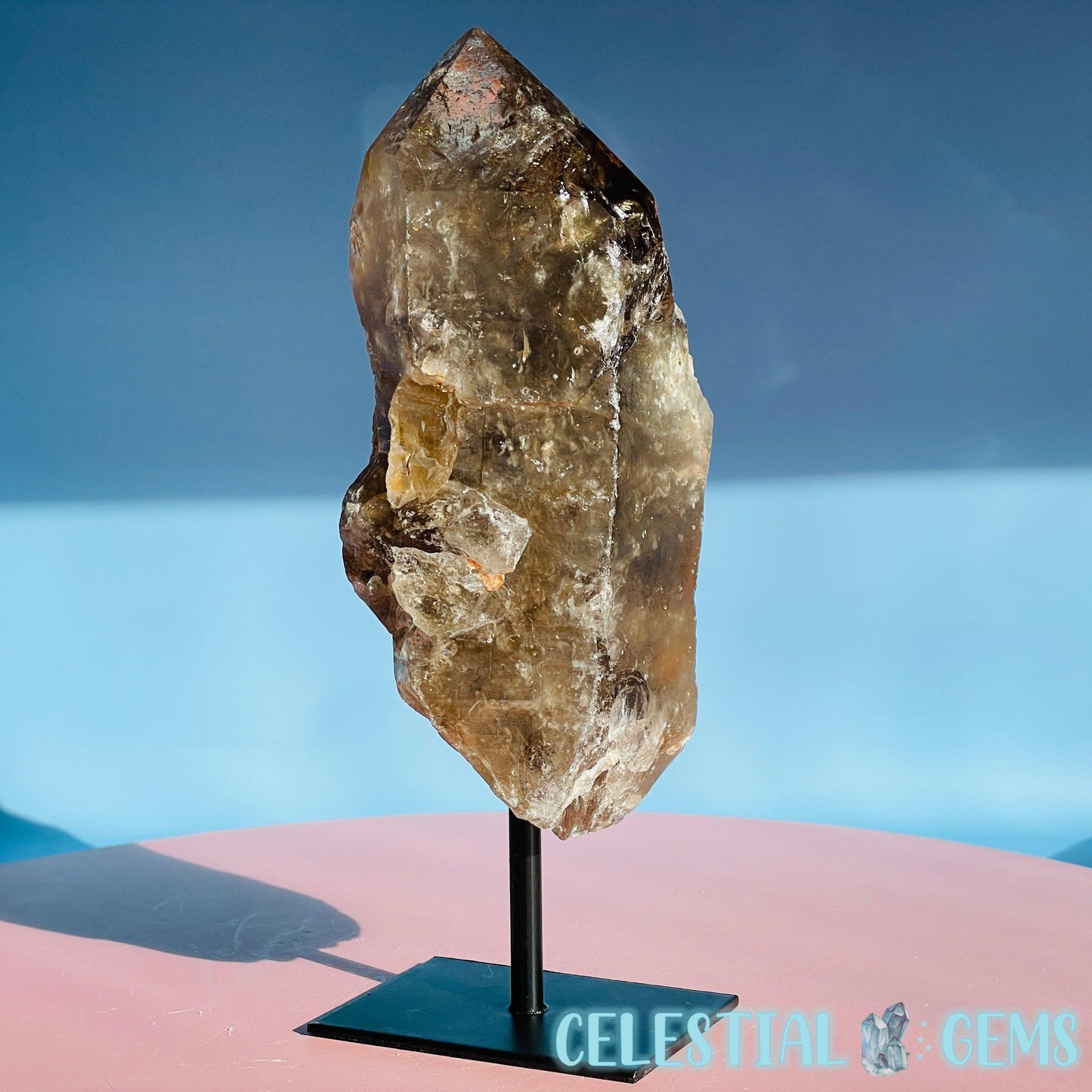 Smoky Quartz Natural Large Point on Metal Stand