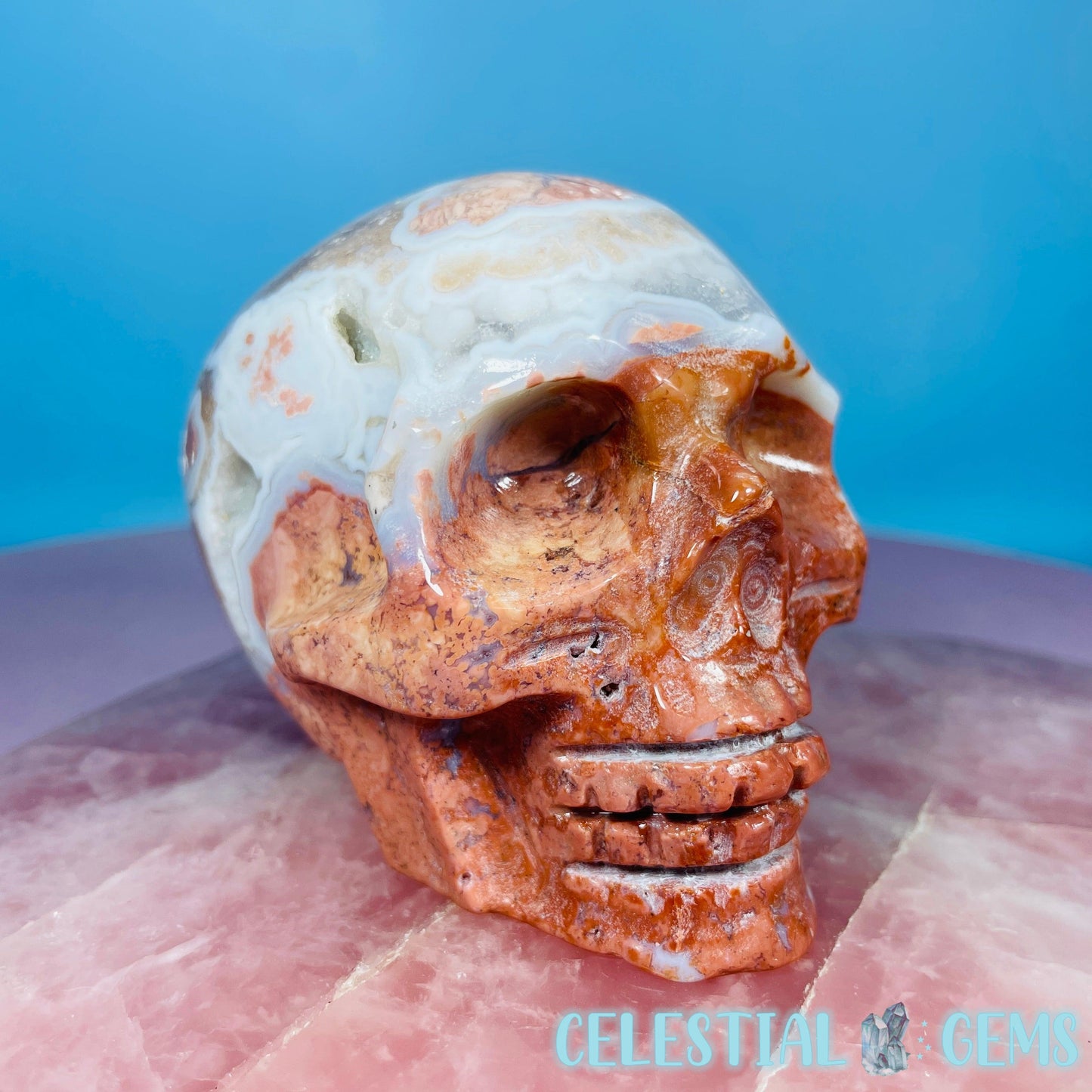Pink Moss Agate Druzy Skull Medium Carving