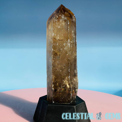 Smoky Quartz Natural Large Point in Wooden Stand Base (Video)