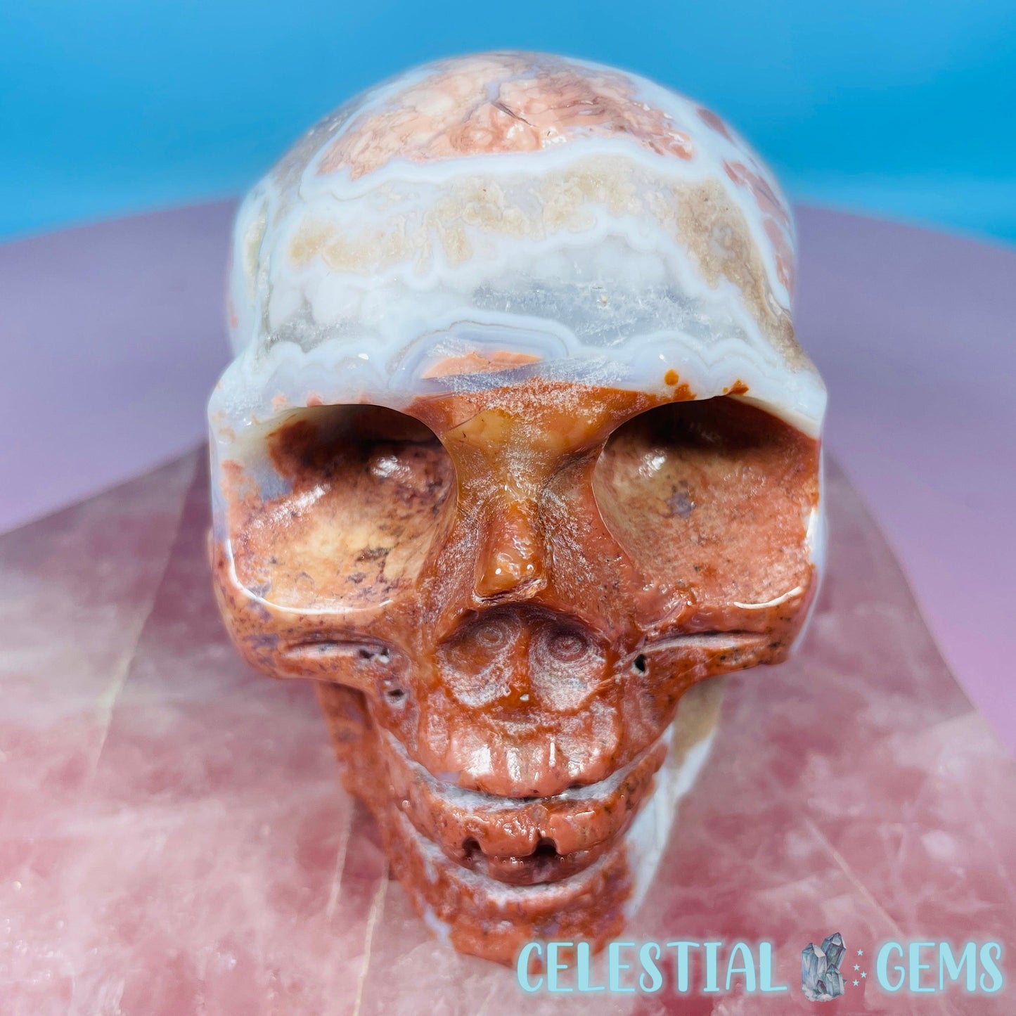Pink Moss Agate Druzy Skull Medium Carving