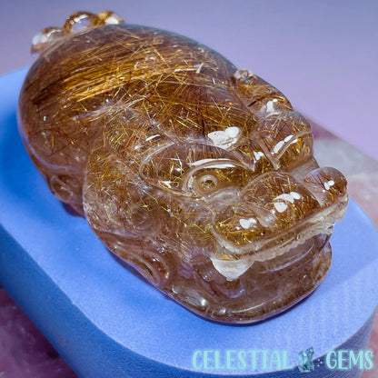 AAA Grade Red + Gold Rutilated Quartz 'Pixiu' Dragon Frog Medium Carving (Video)