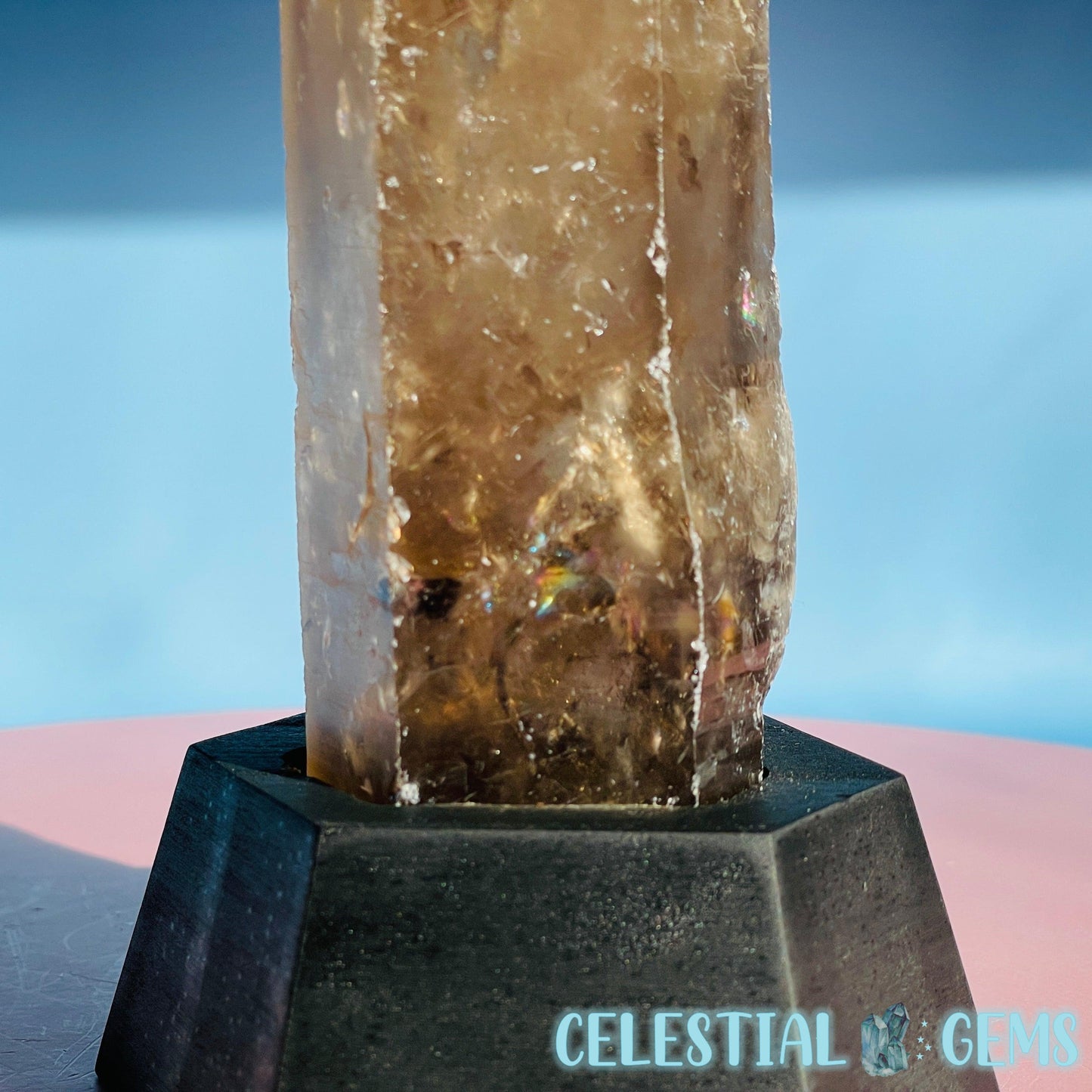 Smoky Quartz Natural Large Point in Wooden Stand Base (Video)