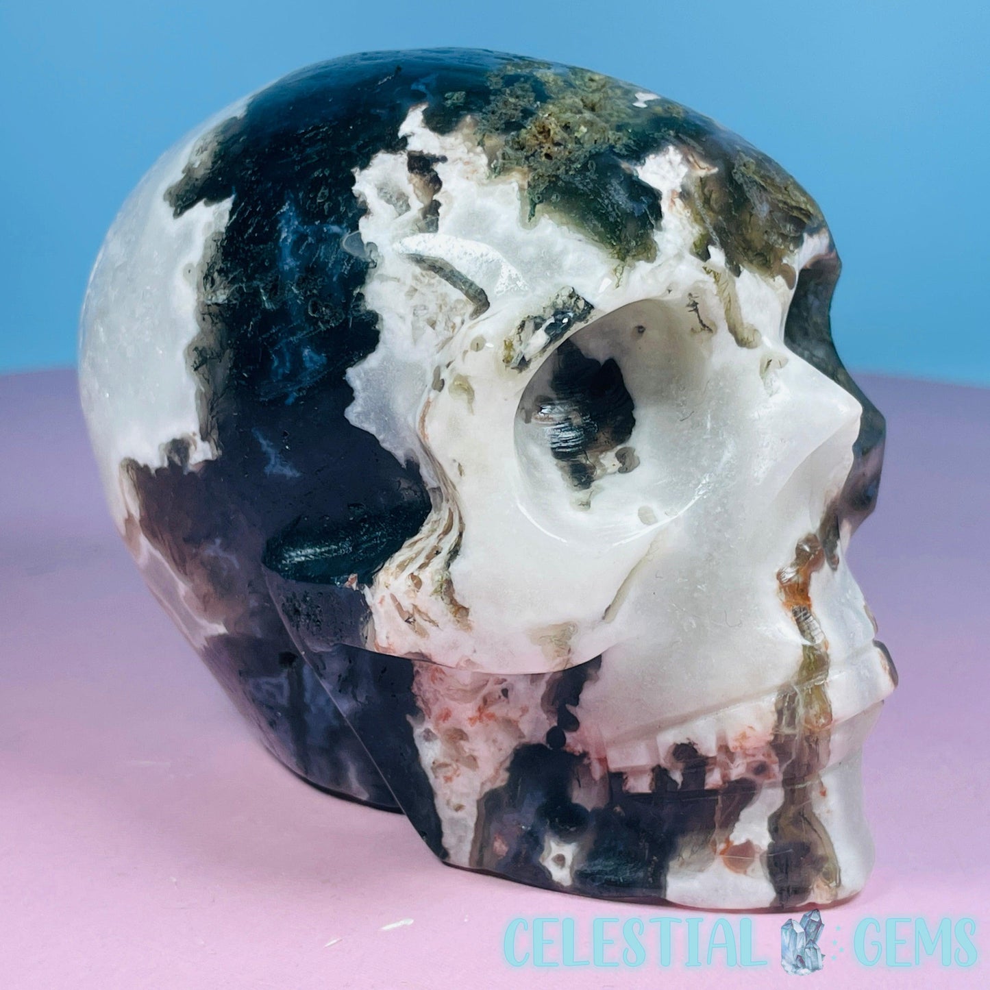 Moss Agate Skull Medium Carving