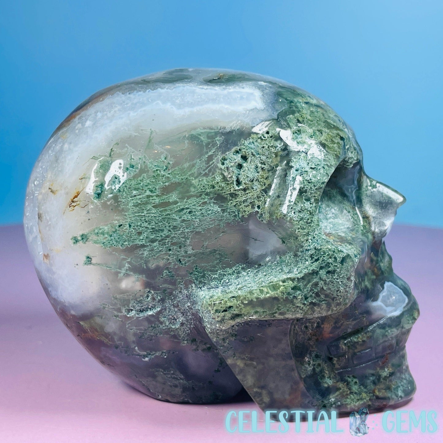 Moss Agate Skull Medium Carving