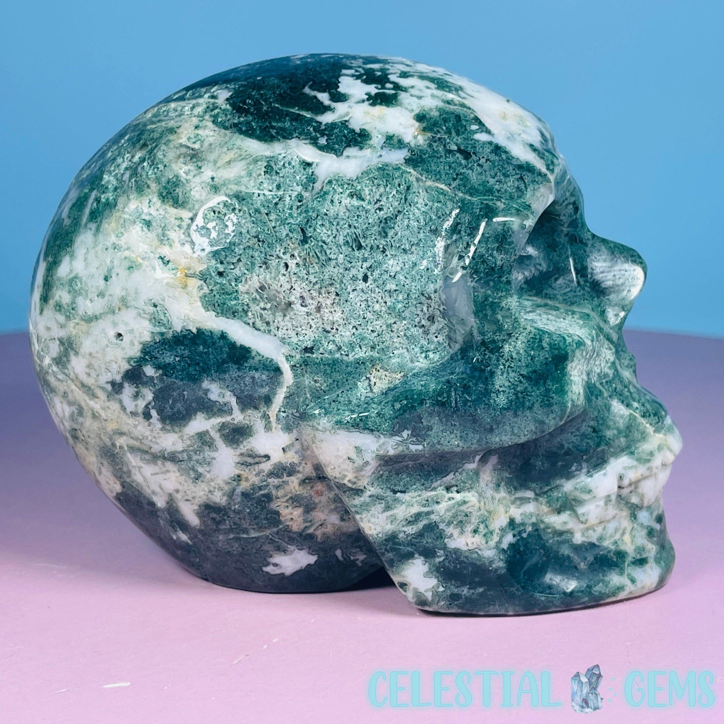 Moss Agate Skull Medium Carving