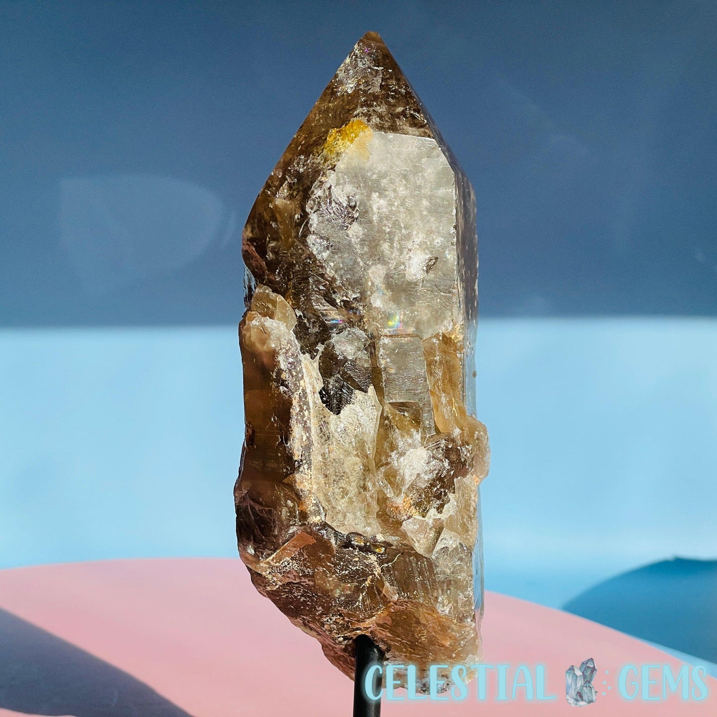 Smoky Quartz Natural Large Point on Metal Stand