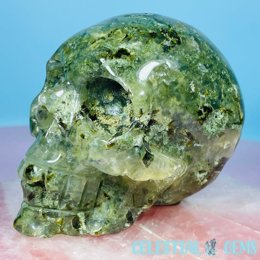 Prehnite + Epidote Skull Medium Carving
